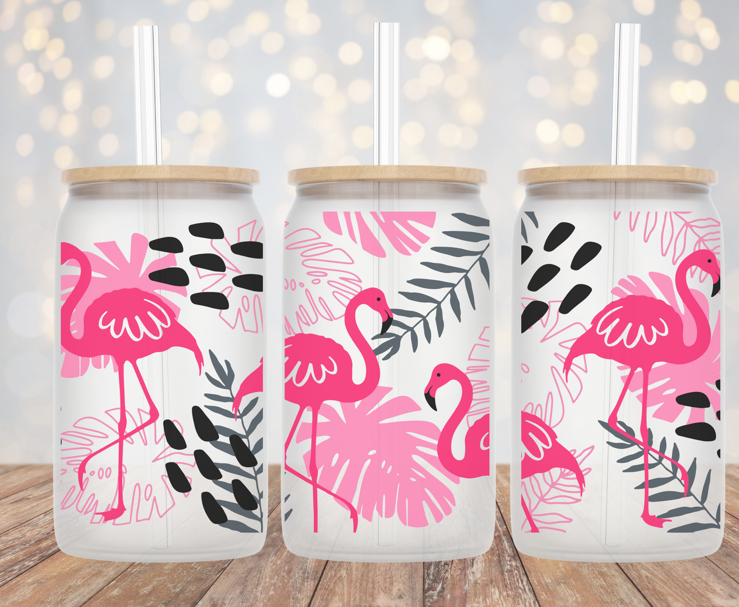 16 Oz Flamingo Jar Glasses with Lids & Straws